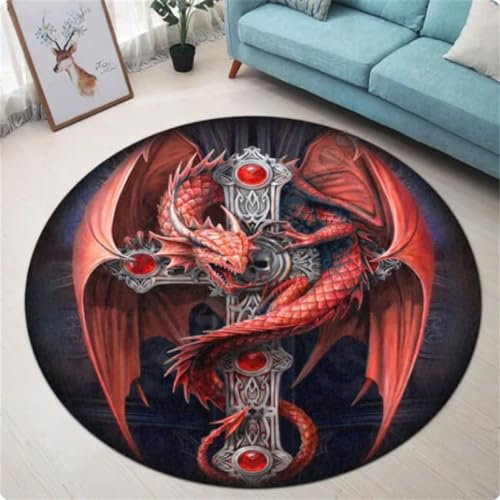 Runder Teppich mit Drachen-Motiv Teppiche für Wohnzimmer Schlafzimmer Dekor Bodenmatte Teppich,Durchmesser 120cm