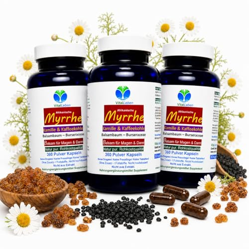 MYRRHE + KAMILLE + KAFFEEKOHLE 1080 (3x360) Pulver Kapseln | Für den gestressten Darm, nach AYURVEDA und Hildegard von Bingen, NATUR pur, OHNE ZUSATZSTOFFE. Für 18 Monate