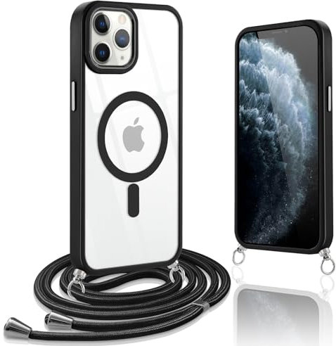 Oelrstfe Cover Magnetica per iPhone 11 Pro Max con Cordino Custodia Trasparente Silicone con Collana Laccio Tracolla Antiurto Antigraffio Corda Collo Regolabile Cellulare Protettiva Case,Nero