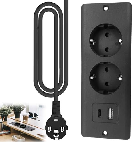 Versenkbare Steckdose, Tischplatte Steckdose mit USB C 20W und 2M Kabel, Einbau Steckdosenleiste 2-Fach, Einbausteckdose Schwarz, Einbau Steckdosenleiste für Konferenztisch, Arbeitsplatte, Sofatisch