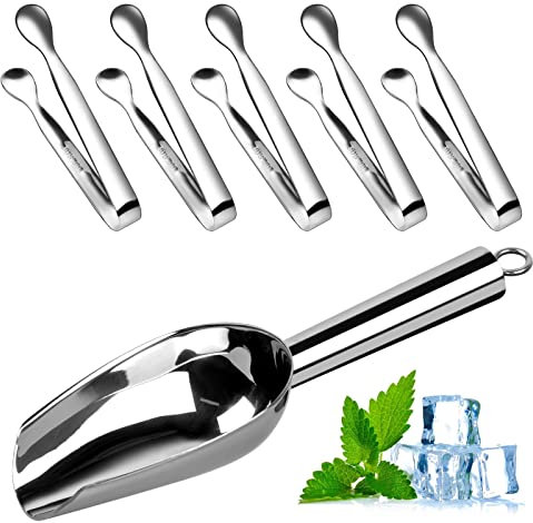 Chstarina Lot de 1 Pelle à glace inox Et 5 pince à glaçons inox,Pelle à Glace Bar,pelle à farine inox,pince a sucre inox,Pelle à Bonbons, Pince Bonbon,pince de service pour Bar Buffet Mariage Cuisine