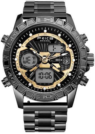 FEICE Herren Quarzuhr Armbanduhren Analog Digital Multifunktionsuhr 46mm FK817 Schwarz