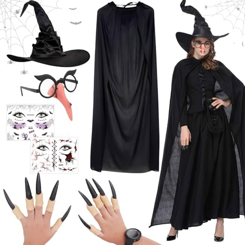 KIKVTER Hexenkostüm Damen Halloween, Halloween Kostüm Damen, Hexe Umhang mit Hexenhut, Hexennägel, Tattoo Gesicht, Hexennasen Brillen, Vampir Umhang, Hexen Kostüm Damen für Fasching Kanerval Cosplay