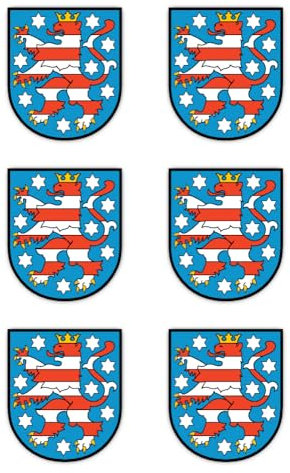 Aufkleber: 50 mm, 6 Stück - Wappen - Deutschland - Thüringen - DE - TH - für Auto, Laptop und mehr