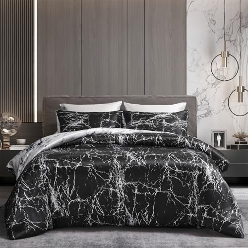 Gezu Satin Bettwäsche Glänzend Bettwäsche Marmor 200x200cm Seide Glatt Luxus Glanzsatin Schwarz Weiß Grau Bettwäsche Set Marmor Optik Wende Bettbezug 200x200cm + Kissenbezug 80x80cm mit Reißverschluss