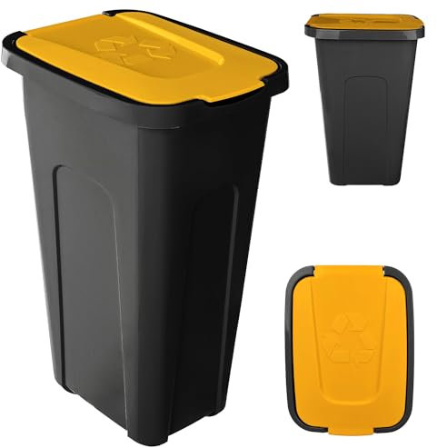 KADAX Poubelle pour tri des déchets, 30 l, robuste, avec couvercle à rabat hermétique, pour système de tri des déchets, en plastique (1, couvercle jaune)