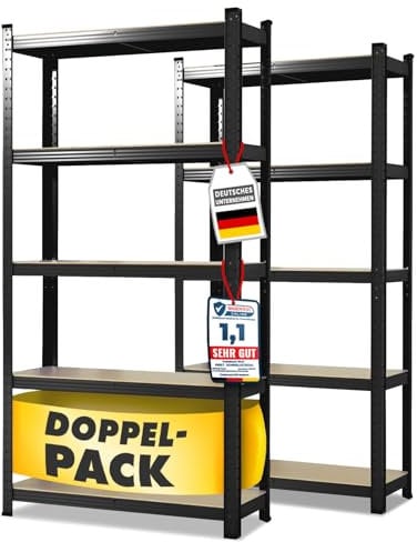 Floordirekt Schwerlastregal, 2er Set, schwarz 150 x 75 x 30 cm Steckregal, Kellerregal, Lagerregal, Werkstattregal, Werkbank - 5 verstellbare Böden (Lakota)