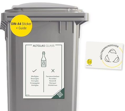 Frank Paperman® | Aufkleber Mülltrennung | Altglas blaugrün | selbstklebend | DIN-A4-Format 29,7 cm x 21 cm | Mülltonnen Aufkleber auf Deutsch & Englisch mit QR-Code (1 Altglas, A4)