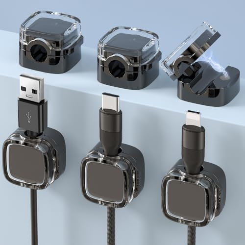 Alaoo Clips para Gestión de Cables, 6PCS Clips para Sujetacables con Magnético Duraderos, Clip de Cable de Resorte Autoadhesivo para Organizar Cables en el Escritorio (Versión Mejorada Negro)