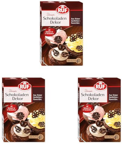 RUF Schokoladen-Dekor, 48 Ornamente aus Zartbitter-Kuvertüre, zum Garnieren & Dekorieren von Torten, Kuchen, Gebäck & Eis, glutenfrei & vegan,1 x 38g (Packung mit 3)