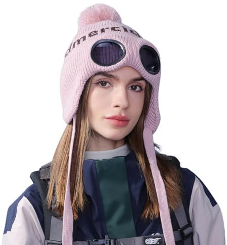 AYPOW Winter Warme Strickmütze mit Abnehmbarer Ohrenwärmer & Schutzbrille, Damen Modische Winddichte Skifahren Mütze Wandern Radfahren Beanie Mütze, Fleecefutter Warme Mütze für Winter Outdoor Sport