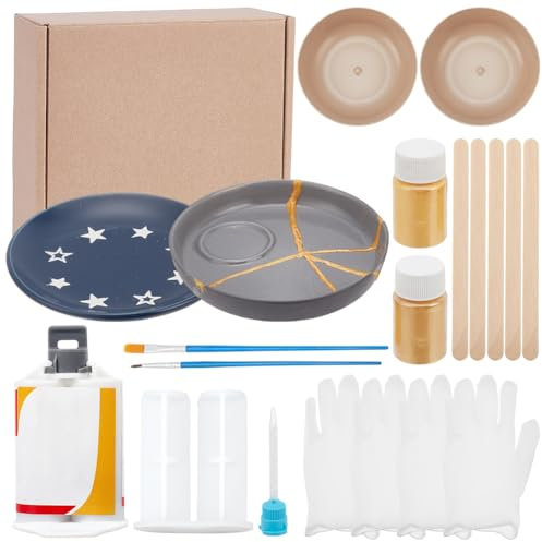 WEBEEDY Kintsugi Repair Kit 18 Pcs Japanese Kintsugi Gold Repair Kit for Beginners Adults,DIY Ceramic Pottery Repair Kit Comes with Practice Dish Japanese Art Gift for Broken Glass Jade Sculptures