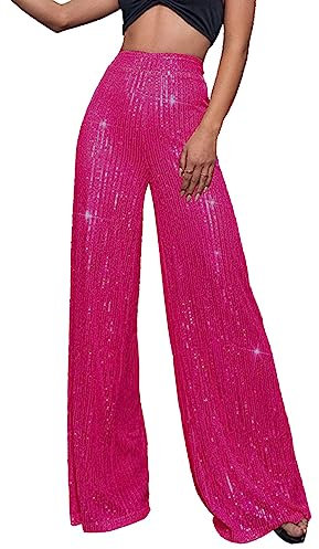 Glitzer Hose Damen Pailettenhose Weites Bein Hose High Waist Glitzerhosen Elegant Lang Freizeithose Frauen Party Festival Club Hosen Glänzende 70er 80er Mottoparty Disco Outfit Clubwear Streetwear