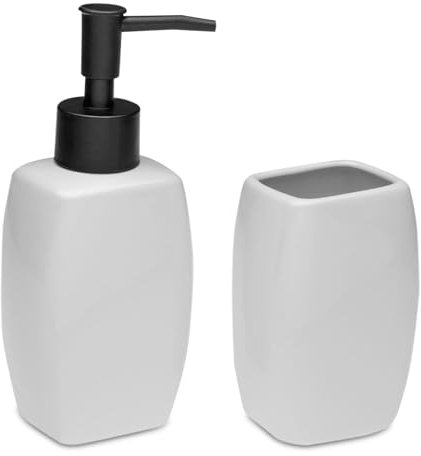TIENDA EURASIA – Set Jabonera y Portacepillos | Material Cerámica y Plástico | Medidas 5x4.5x17 cm | Jabonera Baño | Vaso Cepillo de Dientes Baño (Blanco)