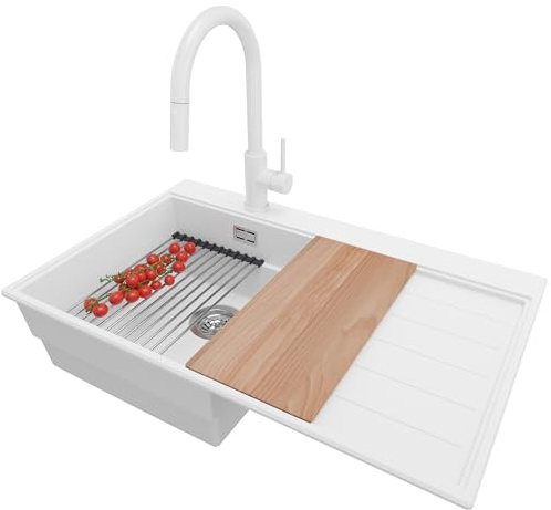 PRIMAGRAN Granitspüle ab 45er Unterschrank + Küchenarmatur, 78x50cm | Set: Küchenarmatur BW9010 + Ablauf-Set (Siphon, Ablaufgarnitur, Überlauf) + Spülbecken 1 Becken - Sydney Ergo, Weiß