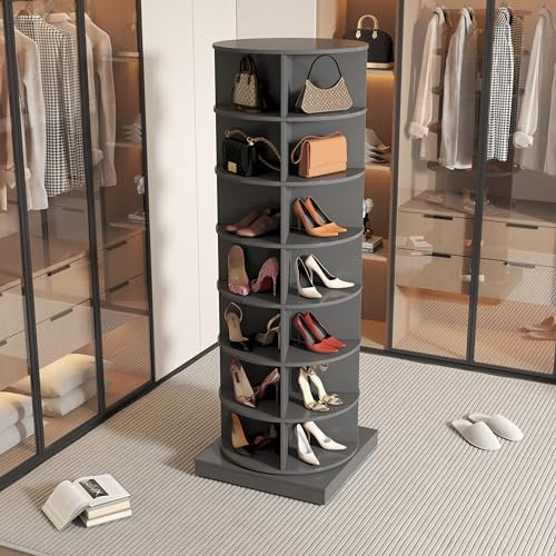 HAINEW Moderner Rund Drehbarer Schuhregal Schuhschrank, 7 Ebenen Holz-Schuhregal, 165cm Hoch Multifunktional Schuhablage Schuhaufbewahrung, für Flur, Schlafzimmer, Wohnzimmer, Eingangsbereich, Grau