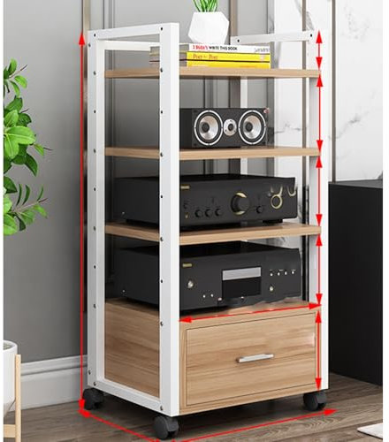 Moderner 5-stöckiger Audio-Medienständer mit Schublade und Rollen Weiß und Nuss Design HiFi-Schrank für Heimkino und Freizeitcenter