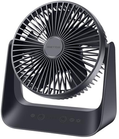 HONEYYEAR Portable Desk Fan with Temperature control mode, 5000mAh 30H Max Coolling, 6 inch USB Fan Silent Powerful Wind Up To 6m/s, Mini Desktop Fans with Light & Hook for Bedroom Office Home Travel