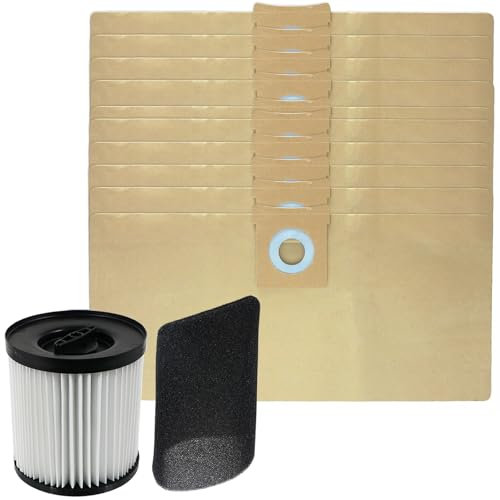 SPARES2GO Cartridge Filter Sleeve + 10 Dust Bags for Mac Allister MWDV16L-A MWDV20L-A MWDV30L-A 16L 20L 30L Vacuum Cleaner