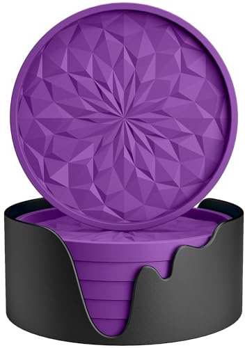 STLIAN Lot de 6 dessous de verre en silicone avec support, sous-verres pour boissons chaudes ou froides, épais, antidérapant, antidérapant, plateau profond violet foncé