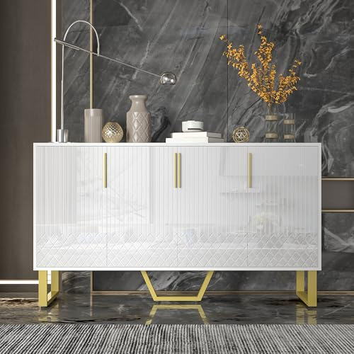 Hochglanz-Sideboard, 4 Türen, Metallgriffe und -beine, geometrisches Design