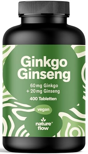 Ginkgo + Ginseng Tabletten hochdosiert – 400 Tabletten - 60mg + 40mg | 60 mg Ginkgo Biloba + 20 mg Ginseng, leicht schluckbare Alternative zu Kapseln – vegan, laborgeprüft