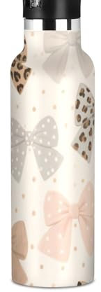 Amooorous Borraccia termica leggera con stampa leopardata e fiocco marrone grigio con coperchio con cannuccia, isolamento sottovuoto a doppia parete, per acqua, latte, succhi di frutta, scuola