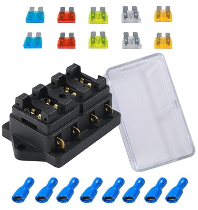 Xibao KFZ Sicherungskasten,Sicherungskasten 12v,4-Fach Sicherungshalter Sicherungsblock mit 5A 10A 15A 20A 25A Standard Flachsicherungen,Geeignet für Auto,LKW,Boot,Tanker,Marine,SUV,Yacht,Rv,Van