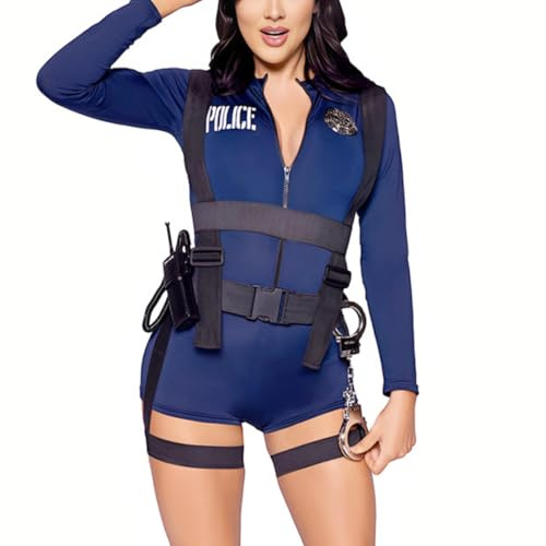 HOTSO Police Outfits Women Anime Cop Bodysuit Halloween Costumes | Officer Policewoman Cosplay Uniform Long Sleeve Jumpsuit Blue Zipper-up Top Clubwear Rave Festival Party