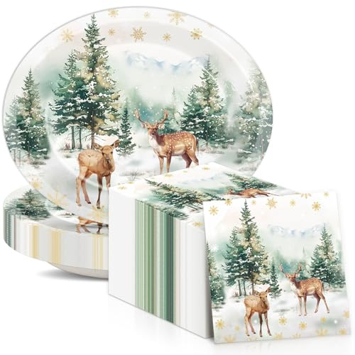 50Pcs Christmas Reindeer Oval Plates and Napkins 11 Inch Watercolor Deer Trees Snowflakes Oval Paper Plates Winter Woodland Disposable Dinnerware Xmas Dish Tray for Xmas Holiday Party Decor Supplies