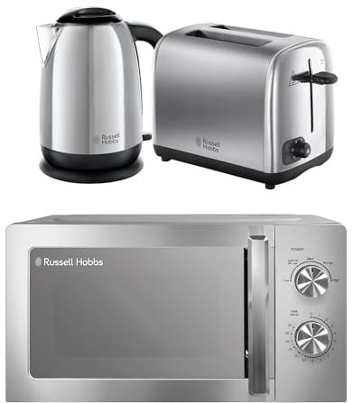 Russell Hobbs Classics Polished Stainless Steel Kitchen Set, 1.7L 3000W Kettle, 2 Slice Toaster with Variable Browning Levels & 20L 800W Microwave with 5 Power Levels, CLCSBNDL2SS