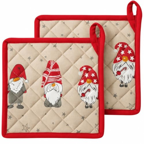 MIJOMA Set di 2 presine, 20 x 20 cm, design natalizio con gnomi, presine in cotone con passante per appendere, tessuto da cucina Xmas per l'Avvento