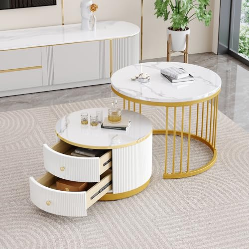 Terahanda EIN Elegantes zweiteiliges weißes Couchtischset mit verschachteltem Design, Einer runden Tischplatte mit hochglänzender Marmoroptik und Zwei Schubladen. (White + Gold)