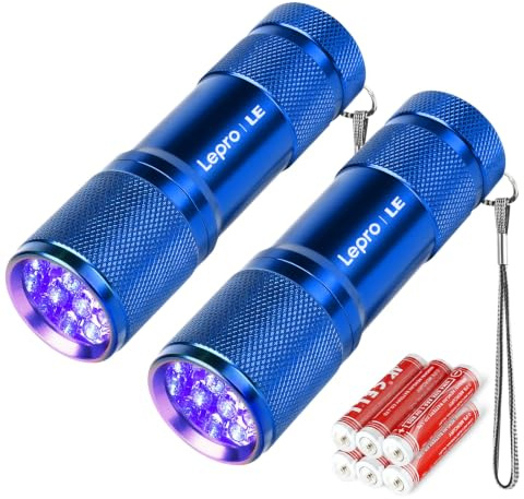 LE UV Taschenlampe(2er-Pack), UV Lampe inklusive 6 AAA Batterien, Blau | Schwarzlicht Taschenlampe mit 9 LEDs, mini UV Lampe Ultraviolettes Licht mit 395nm für Geocaching, Heimtierurindetektoren usw