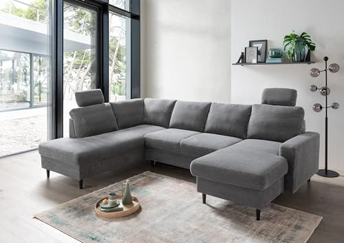 möbelando Wohnlandschaft Pris – Großes U-Form Sofa mit Ausziehfunktion, Staukasten & Cordstoff-Bezug (Grau, 305 cm, 3-Sitzer + Recamiere)