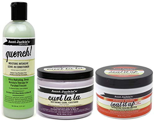 Aunt Jackie‘s Curls & Coils|3er-Set|Leave-In-Spülung „Quench“ für intensive Feuchtigkeit 355 ml|Definierende Lockencreme „Curl La La“ 426 g|Feuchtigkeitsspendende Haarbutter „Seal It Up“ 213 g