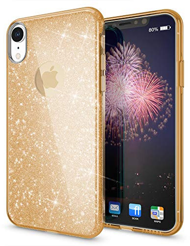 NALIA Glitter Case compatible with iPhone XR, Ultra-Thin Mobile Sparkle Silicone Back-Cover, Protective Slim-Fit Shiny Protector Skin, Shockproof Crystal Gel Bling Smart-Phone Bumper, Color:Gold