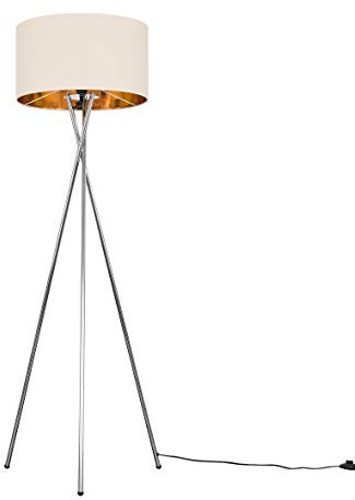 MiniSun | Modern Polished Chrome Metal Tripod Floor Lamp with a Beige & Gold Cylinder Shade - Complete with a 6w LED Bulb [3000K Warm White] | Floor Lamps & Home Improvements Essential