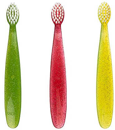 RADIUS Children's Toothbrush Totz Extra Soft Green/Coral/Yellow Sparkle 3 Count, BPA Free and ADA Accepted, Designed for Delicate Teeth and Gums, for Kids 18 Months and Up