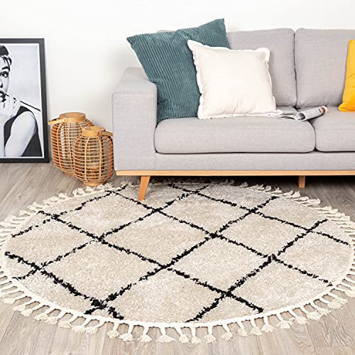FRAAI | Home & Living Teppich Hochflor Rund - Grand Lines Weave Creme Schwarz Ø 120cm - Kariert, Gestreift - Modern, Skandinavisch - Wohnzimmer, Esszimmer, Schlafzimmer - Fellteppich - Rug