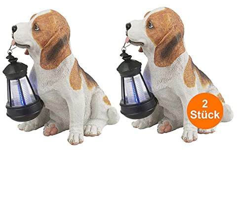bmf-versand® Solarlampen für Außen Deko Figuren mit LED 2er Set - Gartendeko Solar Laterne - Solarleuchten Garten Hund - Außenlampe Stehend Weiß Braun - Höhe 26 cm