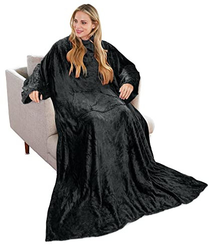 Catalonia Classy Wearable Blanket with Sleeves Gift for Women, Soft Warm TV Snuggle Blankets with Front Pocket, Extra Cosy Portable Blanket for Adults, 185 x 135 cm, Black