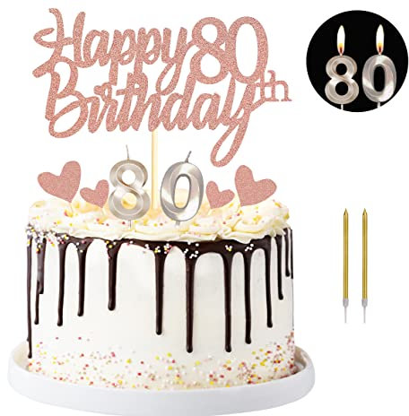 Sumerk Happy 80th Birthday Cake Topper with Number 80 Birthday Candles Heart Cupcake Toppers Cake Decorations Set for 80th Birthday Anniversary - Pack of 17