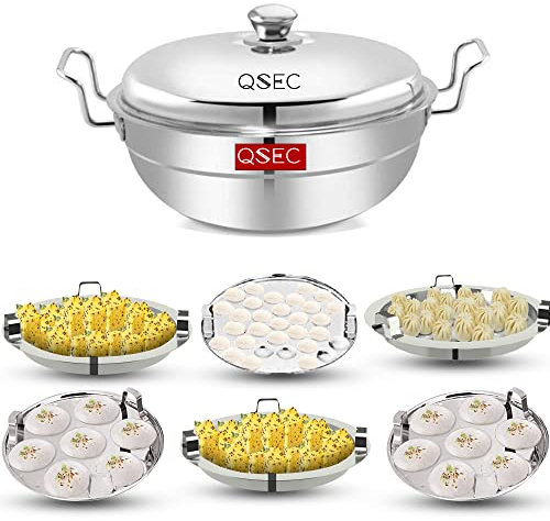 QSEC Stainless Steel Induction Base Multi Utility Kadai Idli Cooker Steamer All-in-One Big Size dhokla Cooker | 6 Plate 2 Idli | 1 Mini idli 2 Dhokla 1 Patra Momo Steamer | 4 in 1 - idli Maker