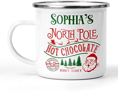 Personalised Christmas Mug with Name, North Pole Hot Chocolate Mug, Cust Festive Xmas Cup, Enamel Mug, Christmas Eve Box Fillers, Secret Santa Gift