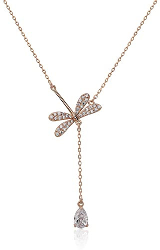 Meissa Collana girocollo argento donna pendenti libellula Collana oro Collana di cristallo Collana impilabile (Oro rosa)