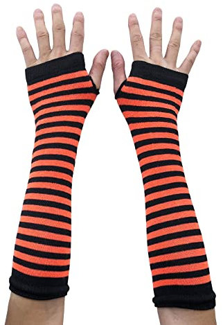 AUSUAYA Gestreifte Handschuhe, lang, fingerlos, gestrickte Armstulpen für den Winter, für Punk, Rock und Cosplay, Gothic, Halloween-Party, GB-WM-S-G5, Schwarz und Orange gestreift, One size