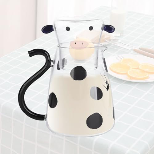 Jarra Agua Cristal, Jarra Agua de Vaca Bonita con Taza de Cristal, Transparente Y Resistente Al Calor Botella, para Jugo de Fruta Té Helado Leche Botella de Agua Fría (1800ml)