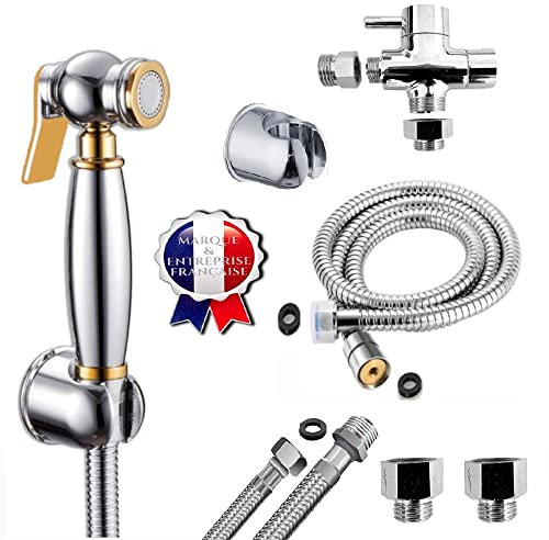 BbfStyle - Marque Française - Kit douchette WC pour l'hygiène intime - idéal pour les installations ayant une arrivée d'eau par tuyau rigide ou souple - Standard Français (Luxury Gold and Chome)