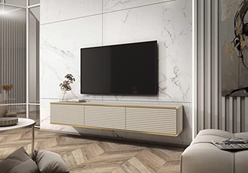 3E 3xE living.com Hängendes TV Schrank - Modernes Design mit Push-to-Open-Funktion. Farbe: BEIGE, D: L: 175 cm, H: 30 cm, T: 32 cm. TV Lowboard, TV Board, TV Sideboard Hängend, Wandschrank hängend